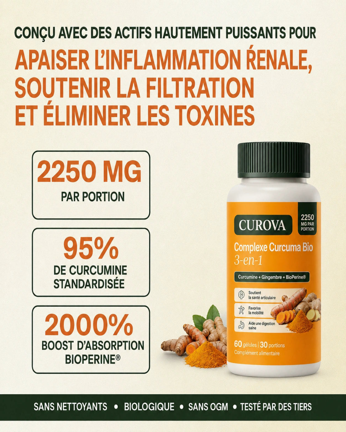 Curova Curcuma Bio™ 2250 mg | Formule sans oxalates pour soutenir la santé rénale