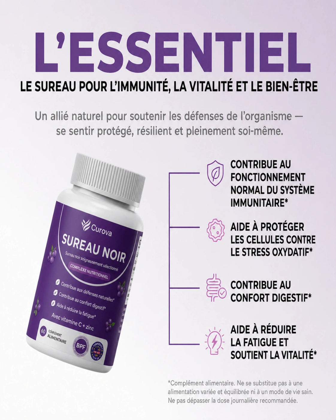 Curova – Complexe confort digestif au sureau noir, zinc et vitamine C – Complément alimentaire