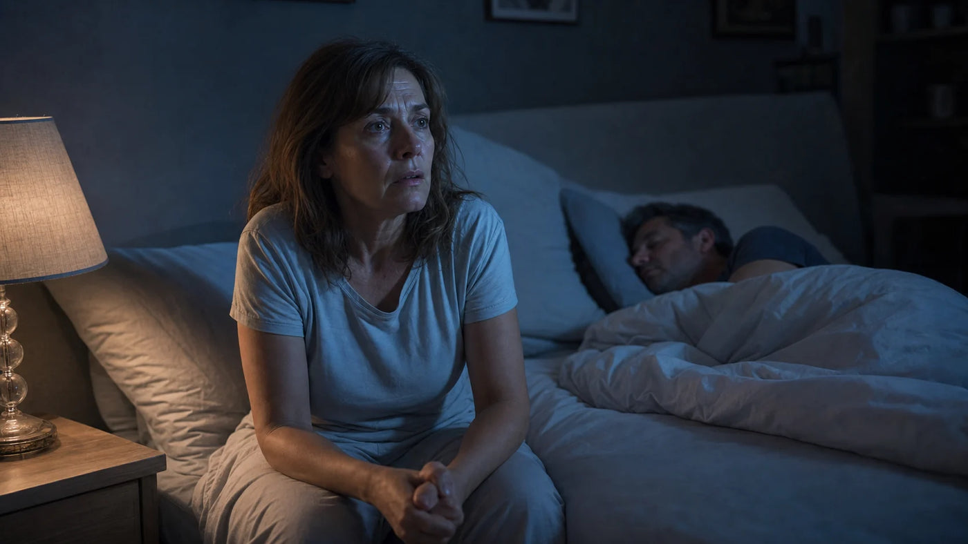 Femme anxieuse assise au bord du lit avant de se coucher
