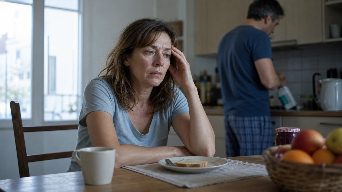 Mère épuisée au petit-déjeuner après une mauvaise nuit