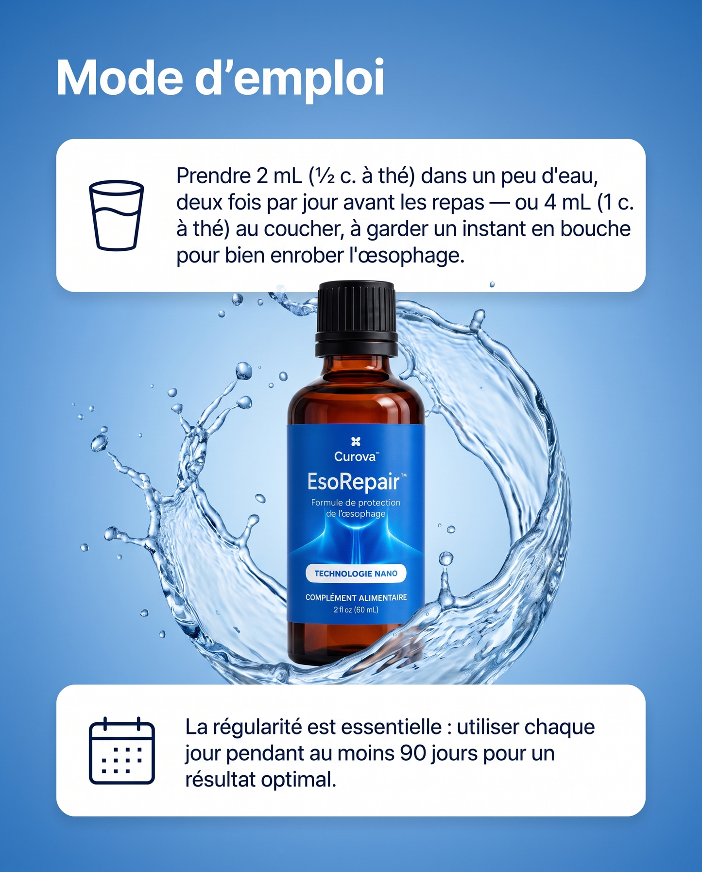 Curova EsoRepair™ — Formule liquide nano pour apaiser et protéger l’œsophage irrité