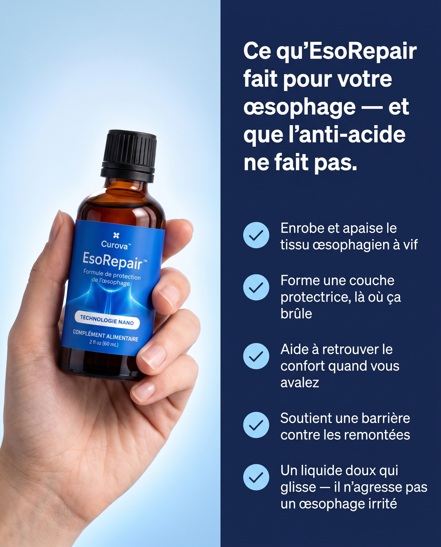 Curova EsoRepair™ — Formule liquide nano pour apaiser et protéger l’œsophage irrité